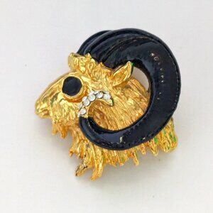 Vintage Gold Tone Black Enamel Horn Rams Head 3D Brooch Pin